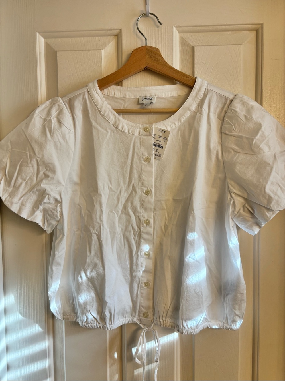 J. Crew Factory White Button-Front Short Sleeve Drawstring Top